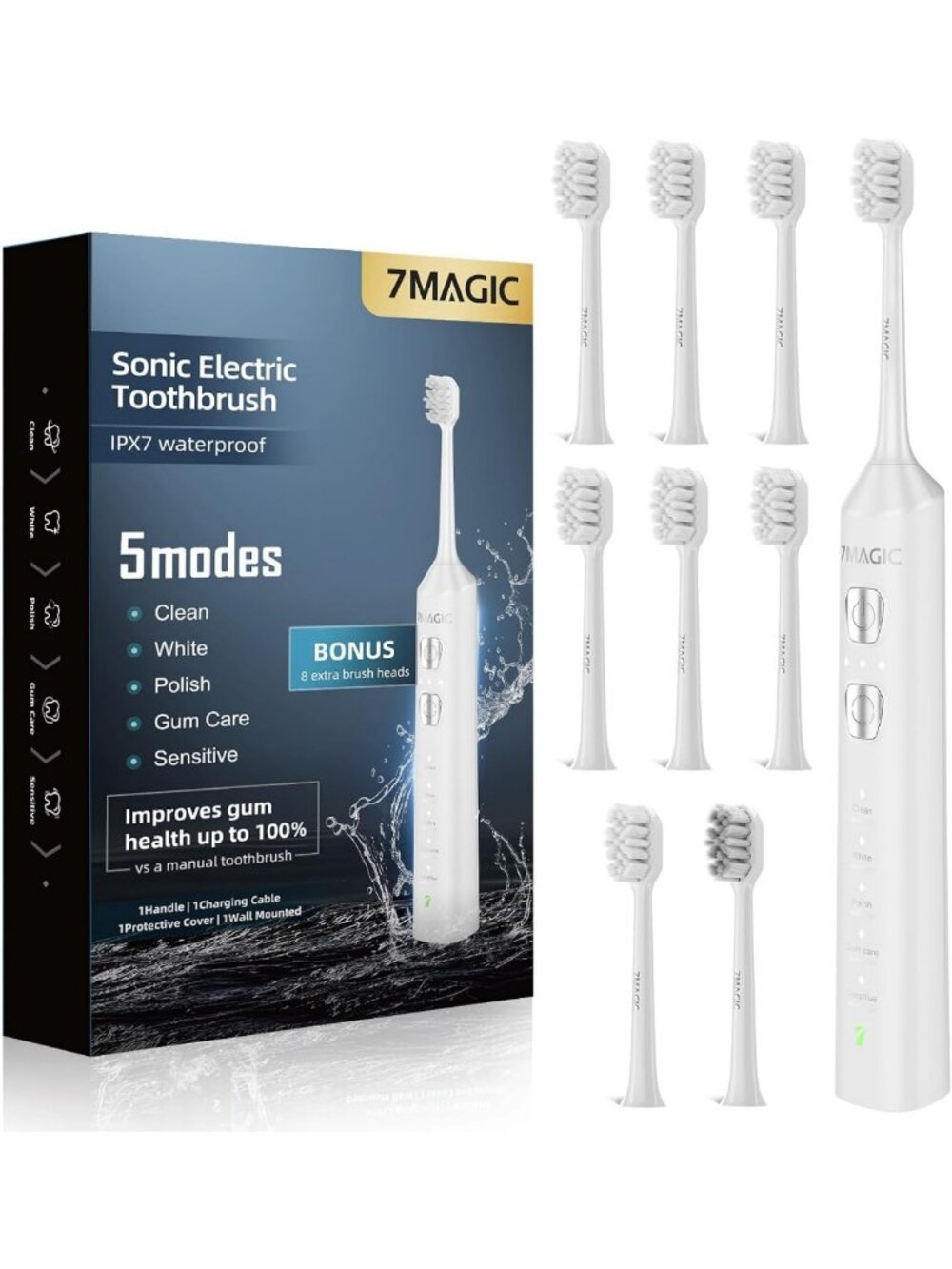 Sonic Electric Toothbrush with 8 Heads, 5 Modes, 42000VPM, Waterproof, USB-C